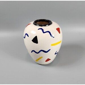 VINTAGE Hand Thrown Oval Vase White and Multicolor Abstract Pattern Signed 5.5"